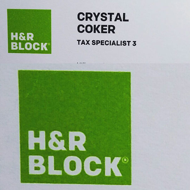 H&R Block business card featuring a funny name: Crystal Coker, Tax Specialist 3.