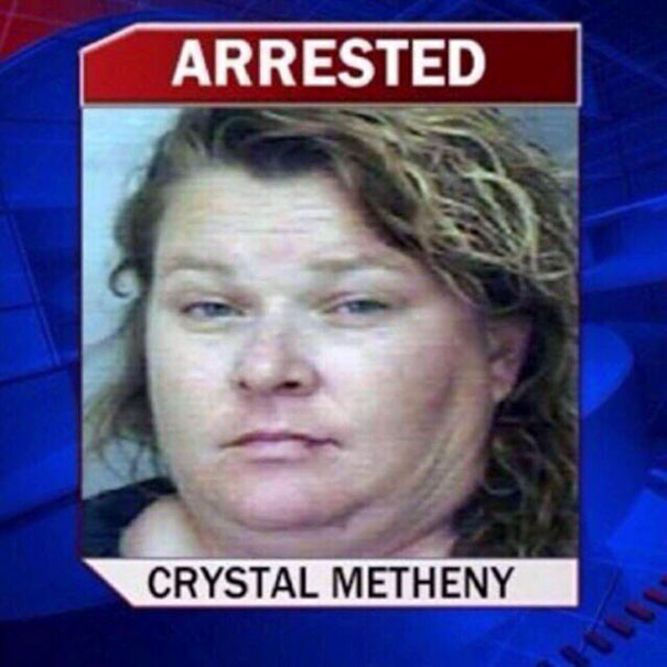 Mugshot of a woman under "Arrested" headline, featuring funny name "Crystal Metheny."