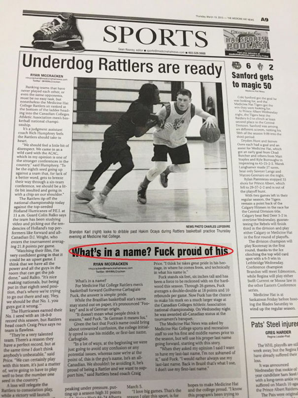 Sports newspaper highlighting funny names with basketball players in a college gym.