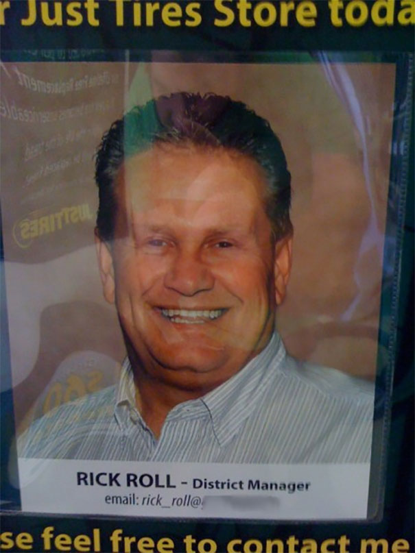Portrait of a man named Rick Roll, district manager, highlighting a funny name on a store poster.