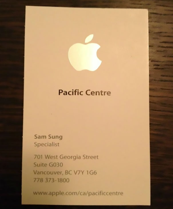 Apple business card with a funny name, showcasing "Sam Sung" as a specialist at Pacific Centre, Vancouver.