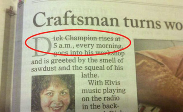 Newspaper article featuring a humorous name, D**k Champion, highlighted in red.