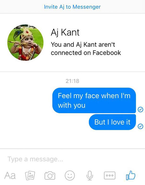 Funny names in a Facebook chat with text messages saying, "Feel my face when I'm with you, But I love it."