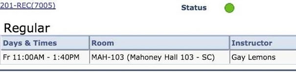 Schedule with class instructor listed as Gay Lemons, showcasing a funny name example.