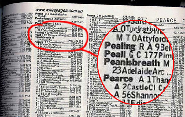 Close-up of a page listing funny names in a phone book, with one name highlighted in red.