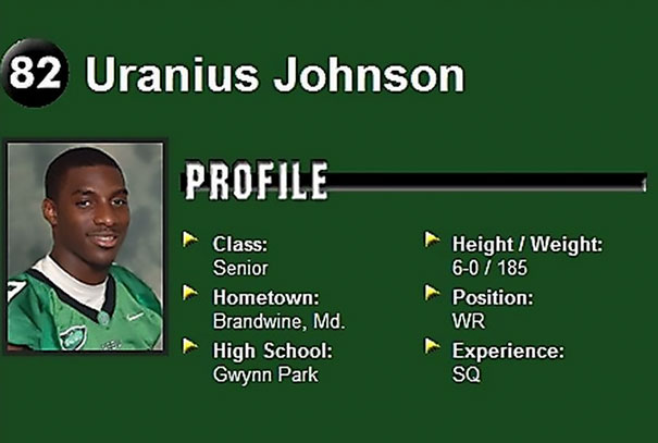 Profile of football player Uranius Johnson with details like class, hometown, and position.