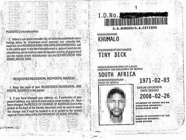 South African ID with a humorous name that is part of a funny names list.