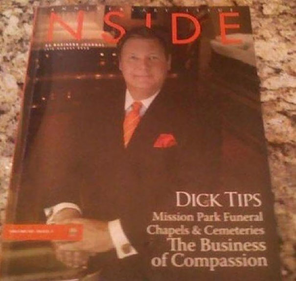 Cover of a magazine featuring a person associated with funny names, in formal attire, emphasizing compassion in business.