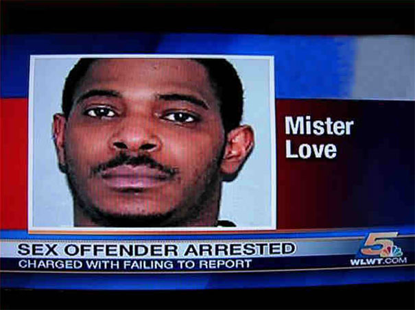 Mugshot image with the name "Mister Love" in a news report, featuring a humorous name.