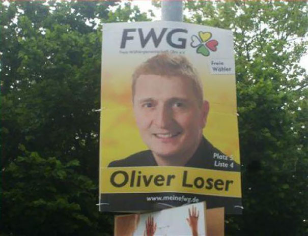 Election poster with the funny name "Oliver Loser" in a park setting.