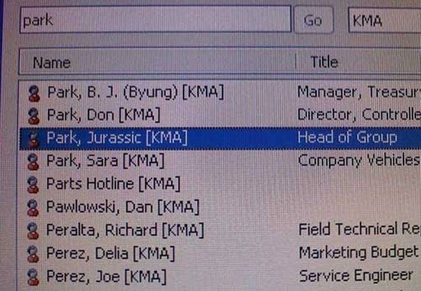 Computer directory showing a list of funny names, including "Park, Jurassic" as Head of Group.