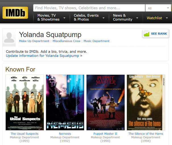 IMDb profile for Yolanda Squatpump with a list of movies, showcasing funny names.