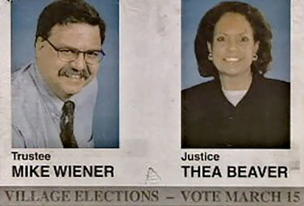 Candidates Mike Wiener and Thea Beaver featured in village election poster, aligning with funny names theme.