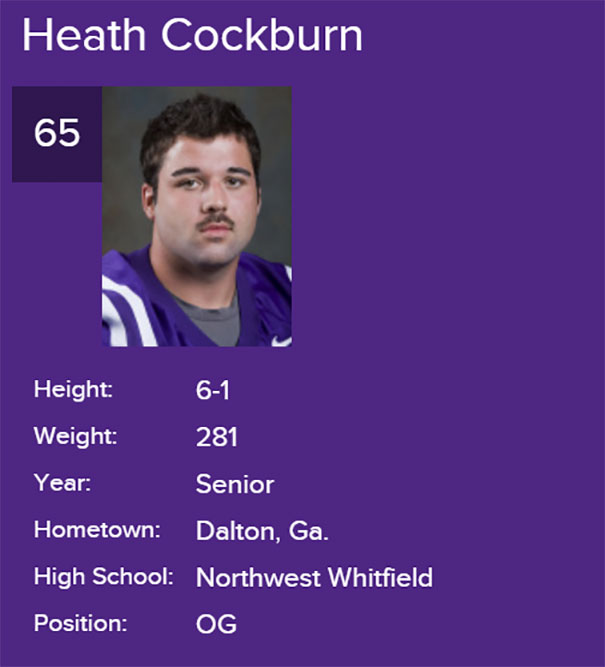 Football player profile with funny name, Heath Cockburn, including stats like height, weight, and position.