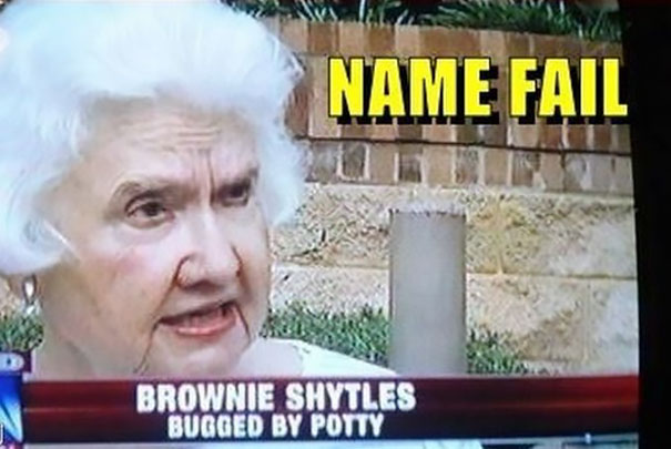 Elderly woman with funny name displayed on news screen, "Name Fail" text above.