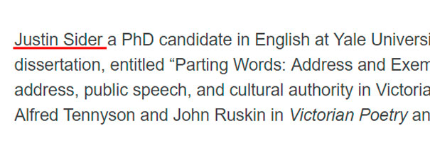 Funny name example: "Justin Sider" highlighted in text about an English PhD candidate's dissertation at Yale University.