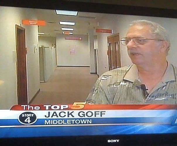 Man in a hallway featured in a top 5 list. Caption shows "Jack Goff." Funny names highlight.