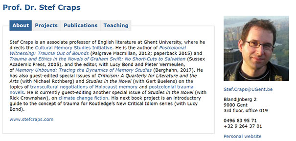Profile of Prof. Dr. Stef Craps, an English literature professor, with contact information and academic interests.