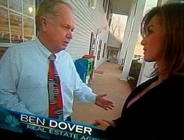 Real estate agent talking with a reporter, showcasing funny names.