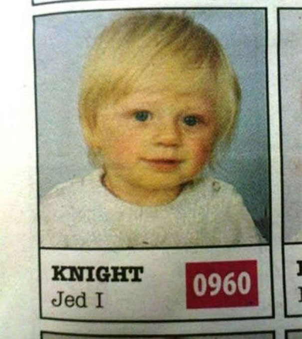 Cute toddler with a funny name, "Jed I Knight," in a newspaper photo.
