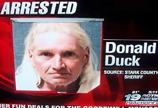 Mugshot with funny name "Donald Duck" on news broadcast.