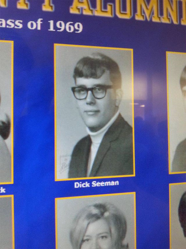 Yearbook photo of a man in glasses labeled with a humorous name from the class of 1969.