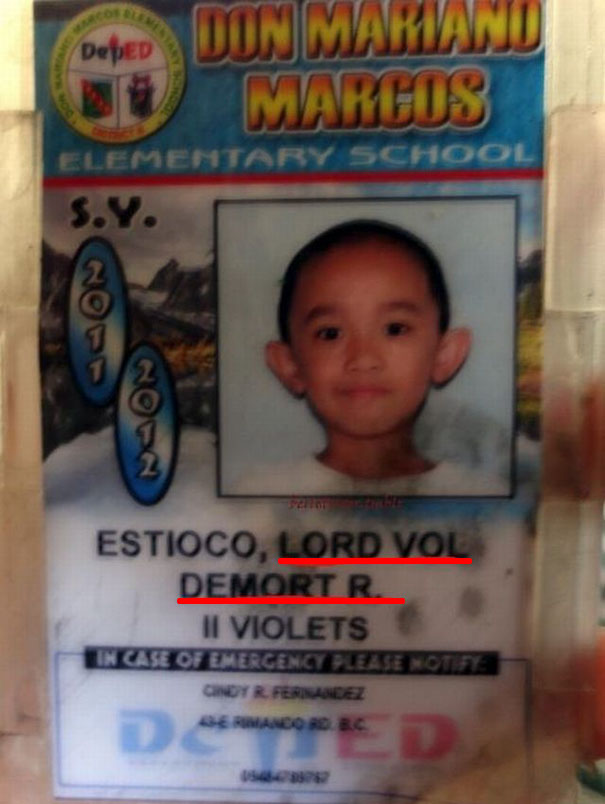 School ID card showing a funny name 'Lord Vol Demort', adding humor.