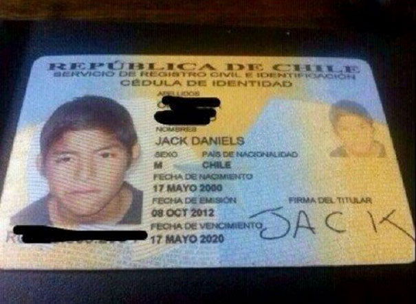 Chilean ID card with funny name "Jack Daniels," showing personal details and photo.