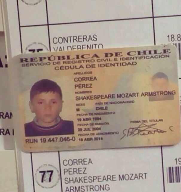 Chilean ID card showing a person named Shakespeare Mozart Armstrong, illustrating funny names.
