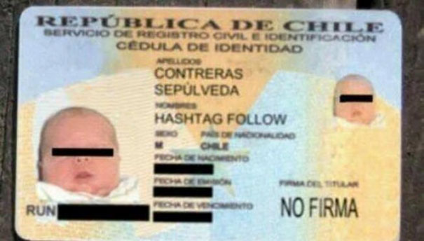 Chilean ID card with funny name "Hashtag Follow" for a baby.