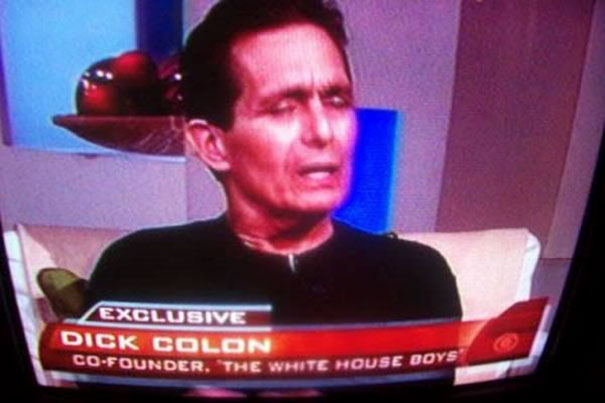 Man on TV interview with the funny name "D**k Colon" displayed as a co-founder, engaging in an exclusive discussion.