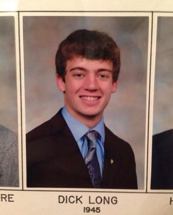 A yearbook photo with a humorous name: "D**k Long".