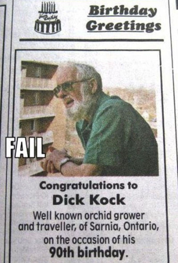 Birthday greeting for D**k Kock, highlighting a humorous name in a newspaper ad.