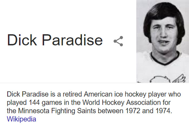 Black and white photo of ice hockey player D**k Paradise with a humorous name.
