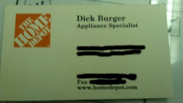 Business card for D**k Burger, appliance specialist, showcasing a funny name.