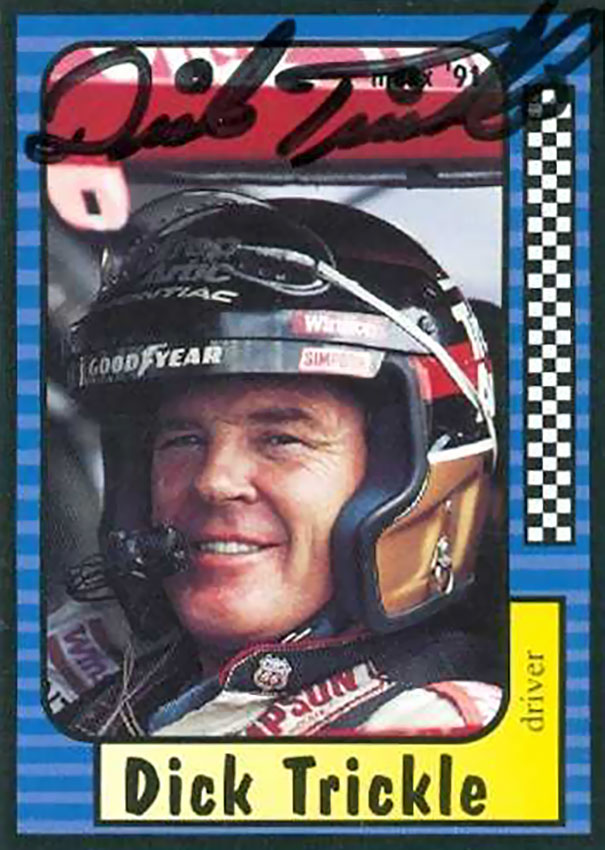 Driver trading card featuring D**k Trickle with a funny name, wearing a racing helmet.