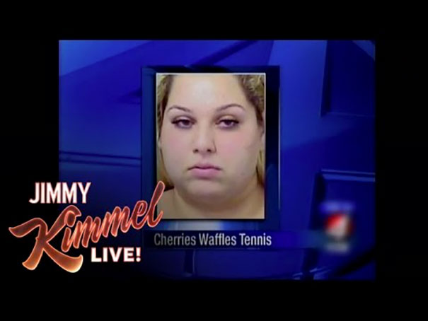 Funny name segment on Jimmy Kimmel Live featuring Cherries Waffles Tennis.