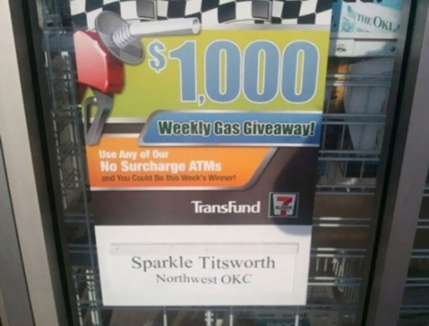 Gas giveaway sign with funny name "Sparkle Titsworth" displayed, promoting a $1,000 weekly prize at TransFund ATM locations.