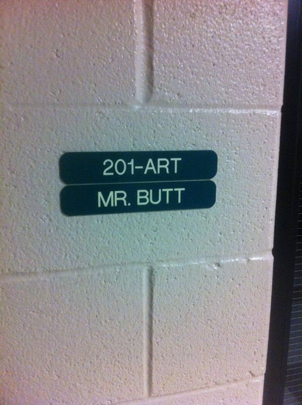 Room sign with the funny name "Mr. B**t" beneath "201-Art".