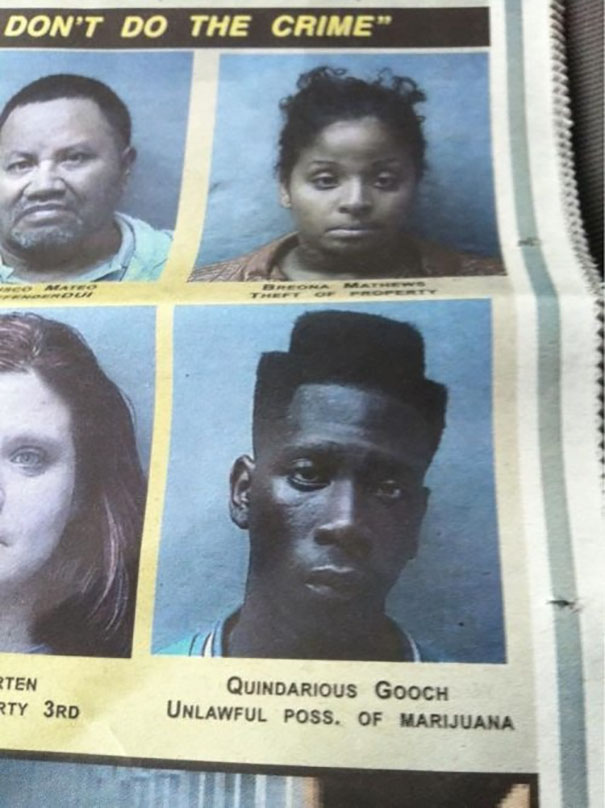 Mugshot page with funny names in a newspaper article.