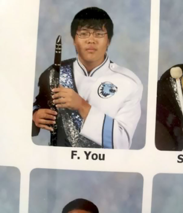Band member posing with clarinet, humorous name tag visible, highlighting funny names.