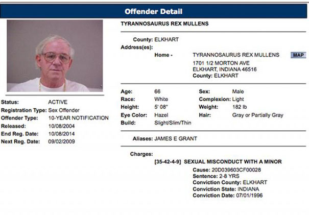 Mugshot of a person with a funny name, Tyrannosaurus Rex Mullens, in an offender detail report.