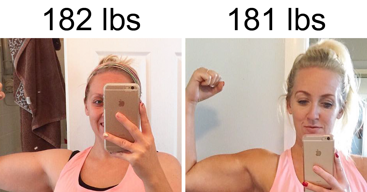 Before-and-after weight loss pics of a mom showing muscle gain and change despite a 2 pound scale difference.