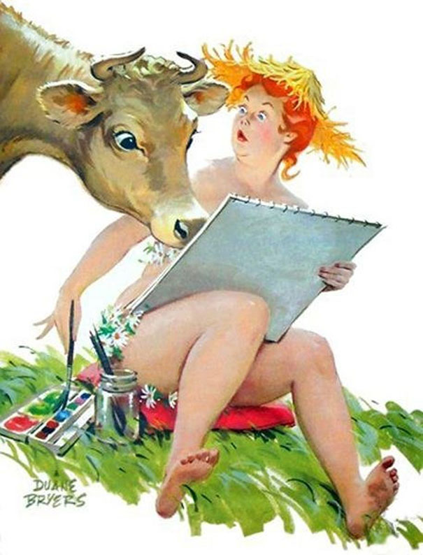 illustration of a plus-size girl painting and looking at the cow