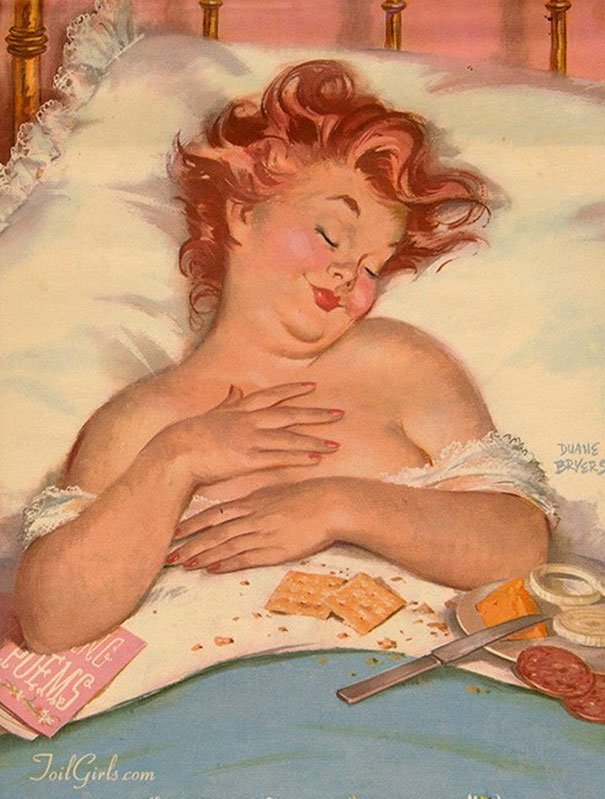 illustration of a plus-size girl sleeping in a bed with food on the linens