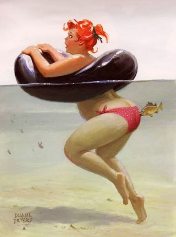 illustration of a plus-size girl swimming on the tire and fish biting her