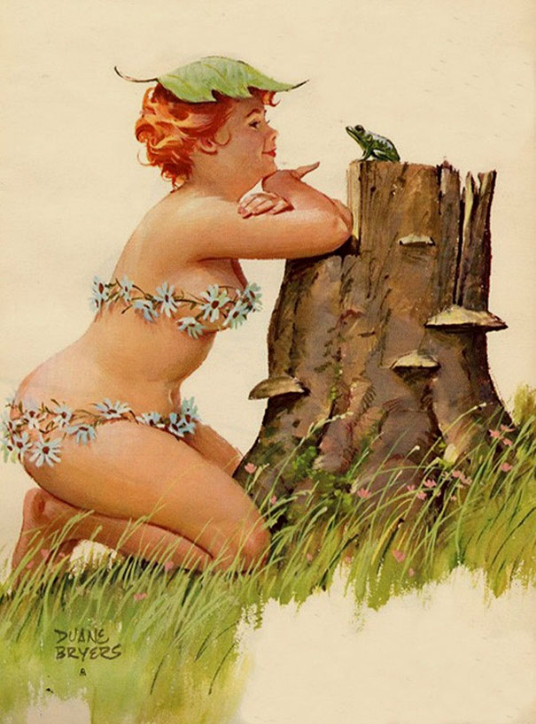 illustration of a plus-size girl looking at the frog sitting on the stump