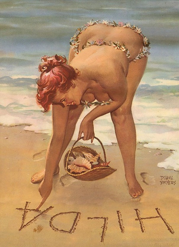 illustration of a plus-size girl with a basket of shells writing on the sand of the beach