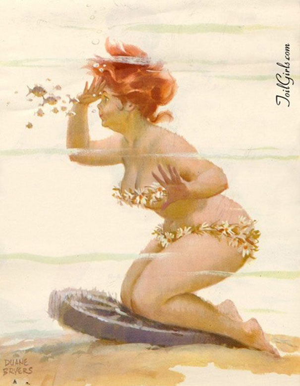 illustration of a plus-size girl under the water between the fish looking away 