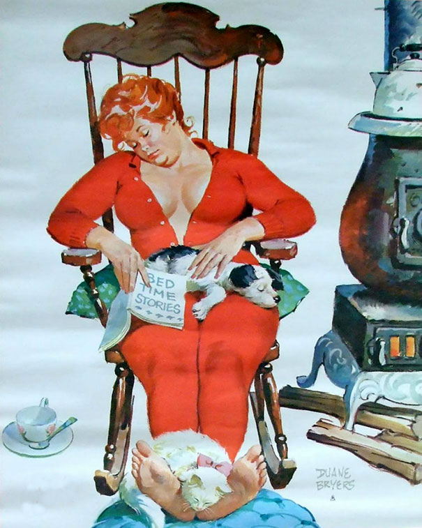 illustration of a plus-size girl sleeping on the chair with a cat and a dog